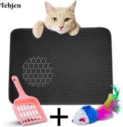 TEBJEN Kattenbakmat – Kattenbak Mat Grit Opvanger - Schoonloop Katten Mat – Dubbele Waterdichte Laag – Uitloopmat Kattenbak – Kattenbak Accessoires - Met Speelgoedmuisje En Schepje - 40x50cm