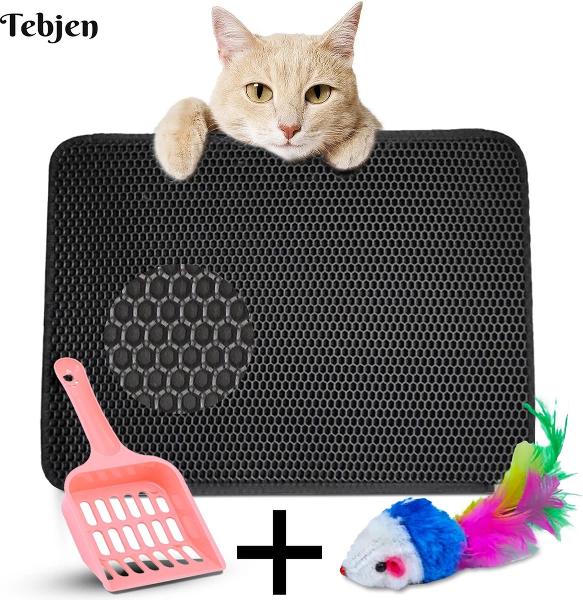 TEBJEN Kattenbakmat – Kattenbak Mat Grit Opvanger - Schoonloop Katten Mat – Dubbele Waterdichte Laag – Uitloopmat Kattenbak – Kattenbak Accessoires - Met Speelgoedmuisje En Schepje - 40x50cm