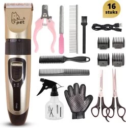 BeautyFit - 16-delig Hondentondeuse Set - Professionele Honden Trimset - Dieren Tondeuse Voor Dikke Vacht - Meest Complete Set - Inclusief 4 Opzetkammen - Hondenschaar - Mist Verstuiver - Handschoen Borstel - Nagelknipper