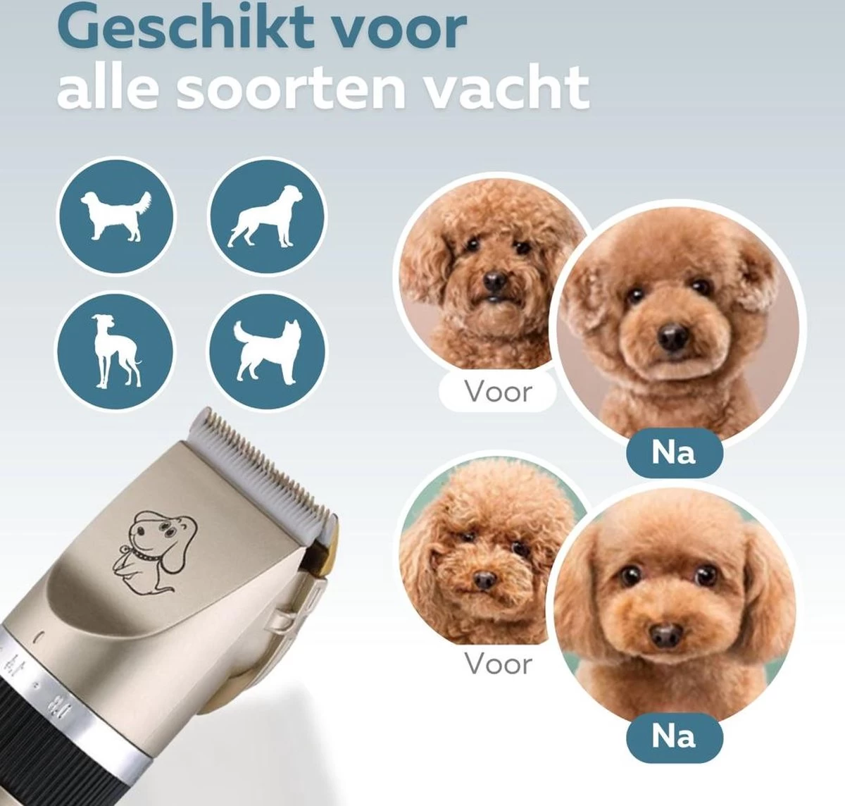 BYER Professionele Dieren Tondeuse Set - Voor Huisdieren Katten & Honden - Draadloos - Oplaadbare Pet Trimmer - Dog Tondeuze Clipper - 5 Standen & Vier Opzetkammen - Low Noise - Afbeelding 4