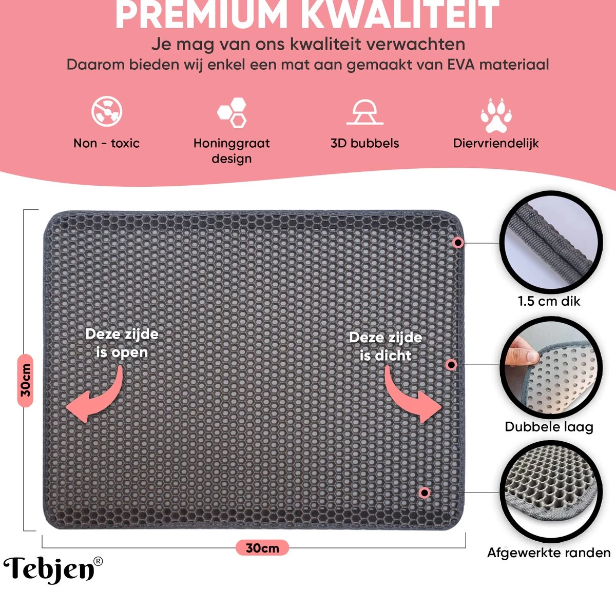 TEBJEN Kattenbakmat – Kattenbak Mat Grit Opvanger - Schoonloop Katten Mat – Dubbele Waterdichte Laag – Uitloopmat Kattenbak – Kattenbak Accessoires - Met Speelgoedmuisje En Schepje - 30cm * 30cm - Afbeelding 3