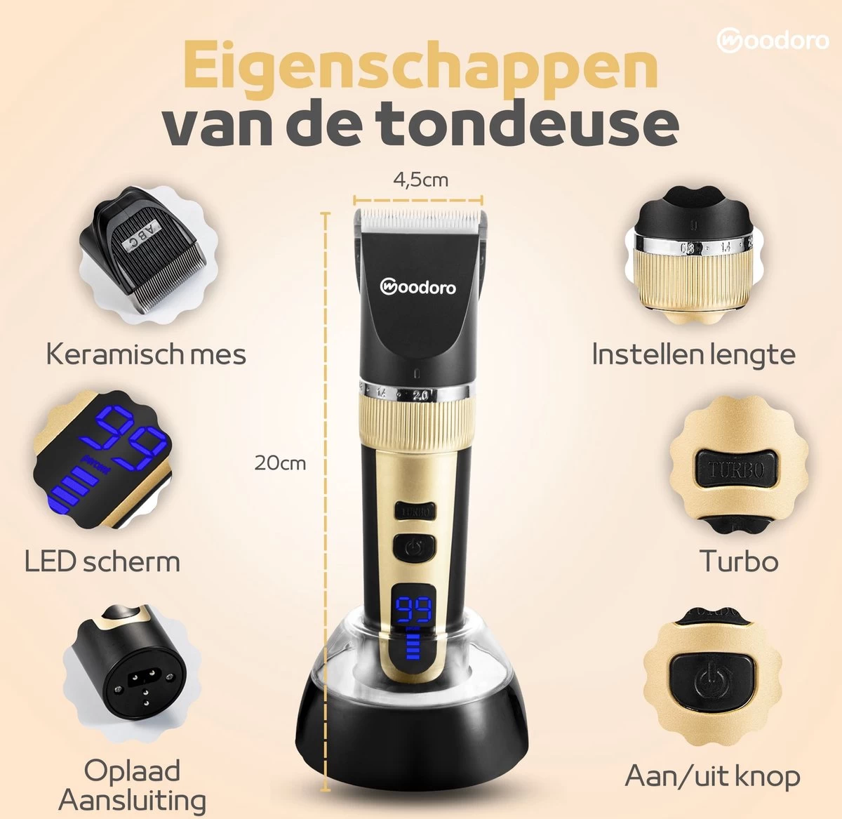 Woodoro Professionele 2-in-1 Hondentondeuse Voor Dikke Vacht – Draadloze Honden Tondeuse & Hondentrimmer – Stille Tondeuse Katten & Honden Trimset - Afbeelding 8