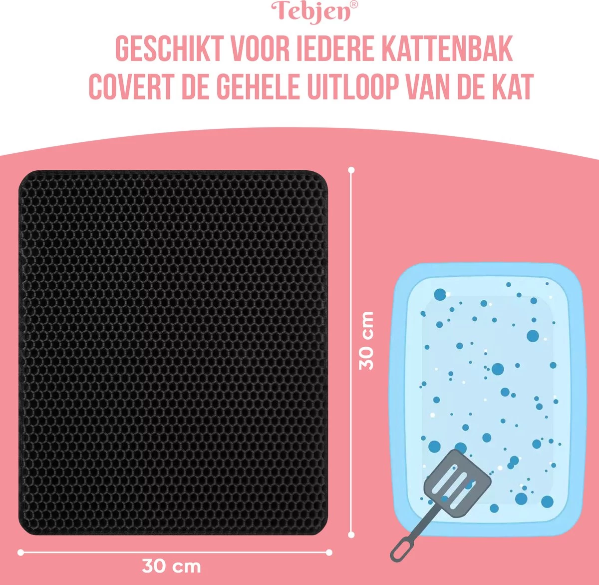 TEBJEN Kattenbakmat – Kattenbak Mat Grit Opvanger - Schoonloop Katten Mat – Dubbele Waterdichte Laag – Uitloopmat Kattenbak – Kattenbak Accessoires - Met Speelgoedmuisje En Schepje - 30cm * 30cm - Afbeelding 9