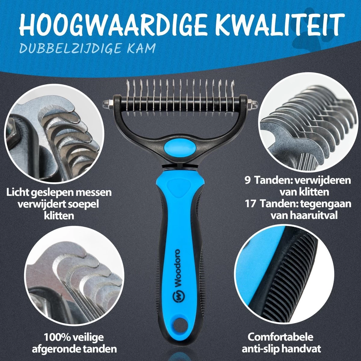 Hoogwaardige 2-Zijdige Hondenkam Hondenborstel Borstel Hond Klittenkam - Ondervacht Kam - Honden Borstel - Honden Kam - Hondenborstel Langharig - Hondenborstel Kortharig - Verwijdert Klitten - Voorkomt Verharing - Blauw - Woodoro - Afbeelding 2