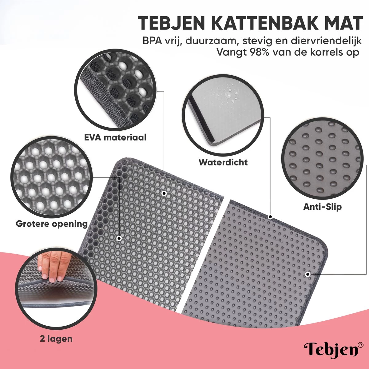 TEBJEN Kattenbakmat – Kattenbak Mat Grit Opvanger - Schoonloop Katten Mat – Dubbele Waterdichte Laag – Uitloopmat Kattenbak – Kattenbak Accessoires - Met Speelgoedmuisje En Schepje - 30cm * 30cm - Afbeelding 2
