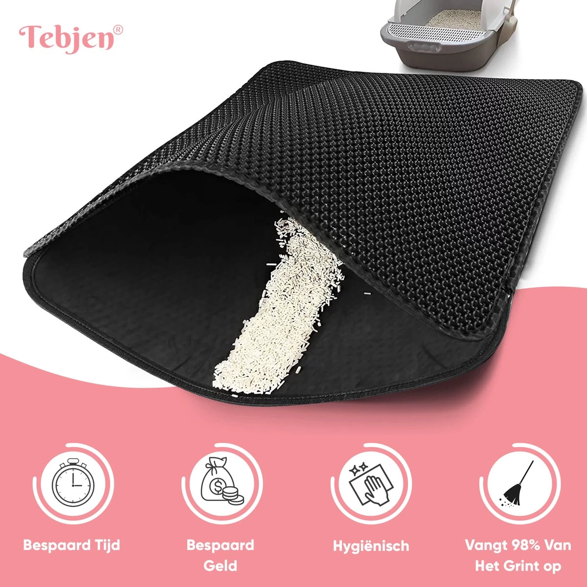 TEBJEN Kattenbakmat – Kattenbak Mat Grit Opvanger - Schoonloop Katten Mat – Dubbele Waterdichte Laag – Uitloopmat Kattenbak – Kattenbak Accessoires - Met Speelgoedmuisje En Schepje - 40x50cm - Afbeelding 11