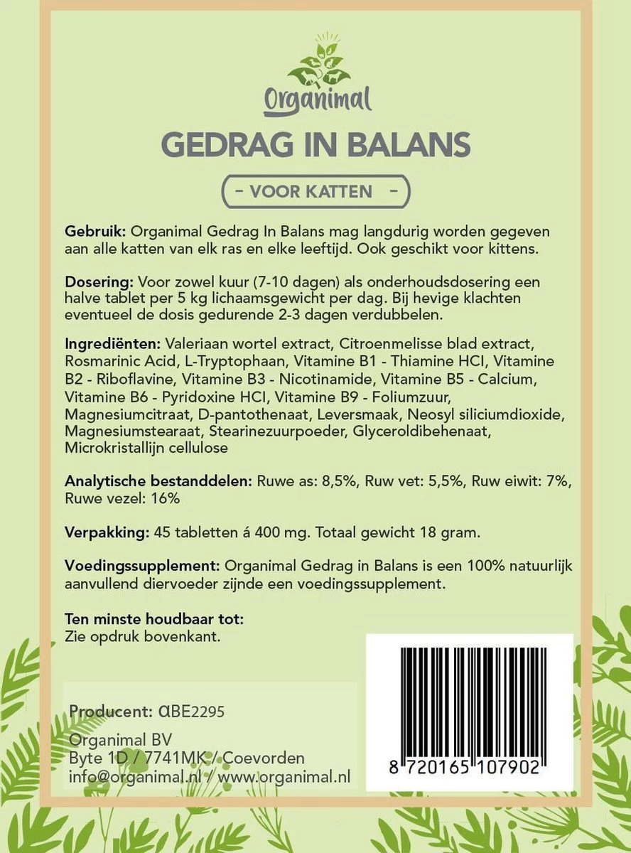 Gedrag In Balans - Kat - O.a. Bij Stress En Angst - 45 Tabletten A 400mg - Afbeelding 2
